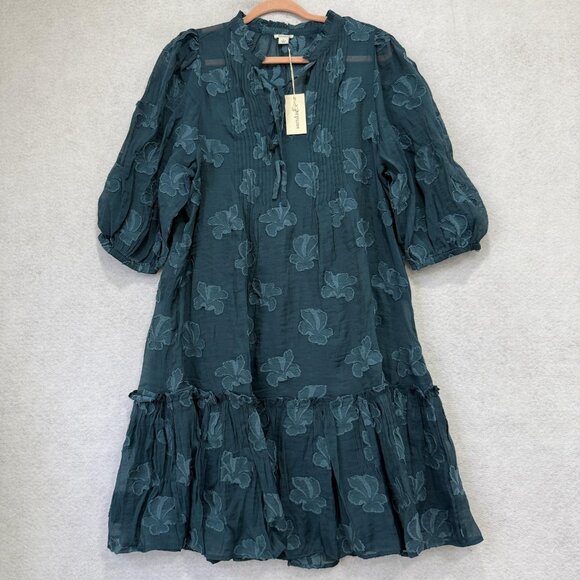 Sundance Dress Womens Large Teal Green Boho Floral Embroidered Ruffle Hem Lined - Picture 1 of 8